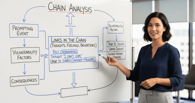 DBT chain analysis example flowchart showing vulnerability, trigger, thoughts, emotions, and behavior sequence.