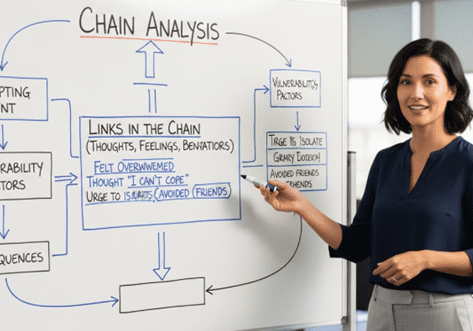 DBT chain analysis example flowchart showing vulnerability, trigger, thoughts, emotions, and behavior sequence.